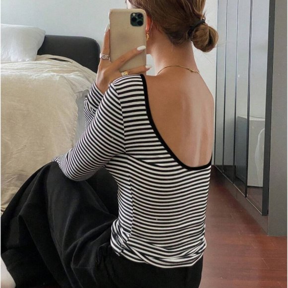 Striped long sleeve tee low scoop back white black - Picture 2 of 2
